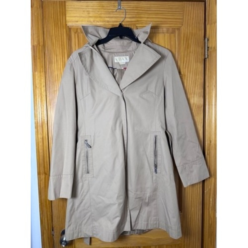 Michael Kors Trench Coat Womens Large Tan Beige Hooded Belted Jacket